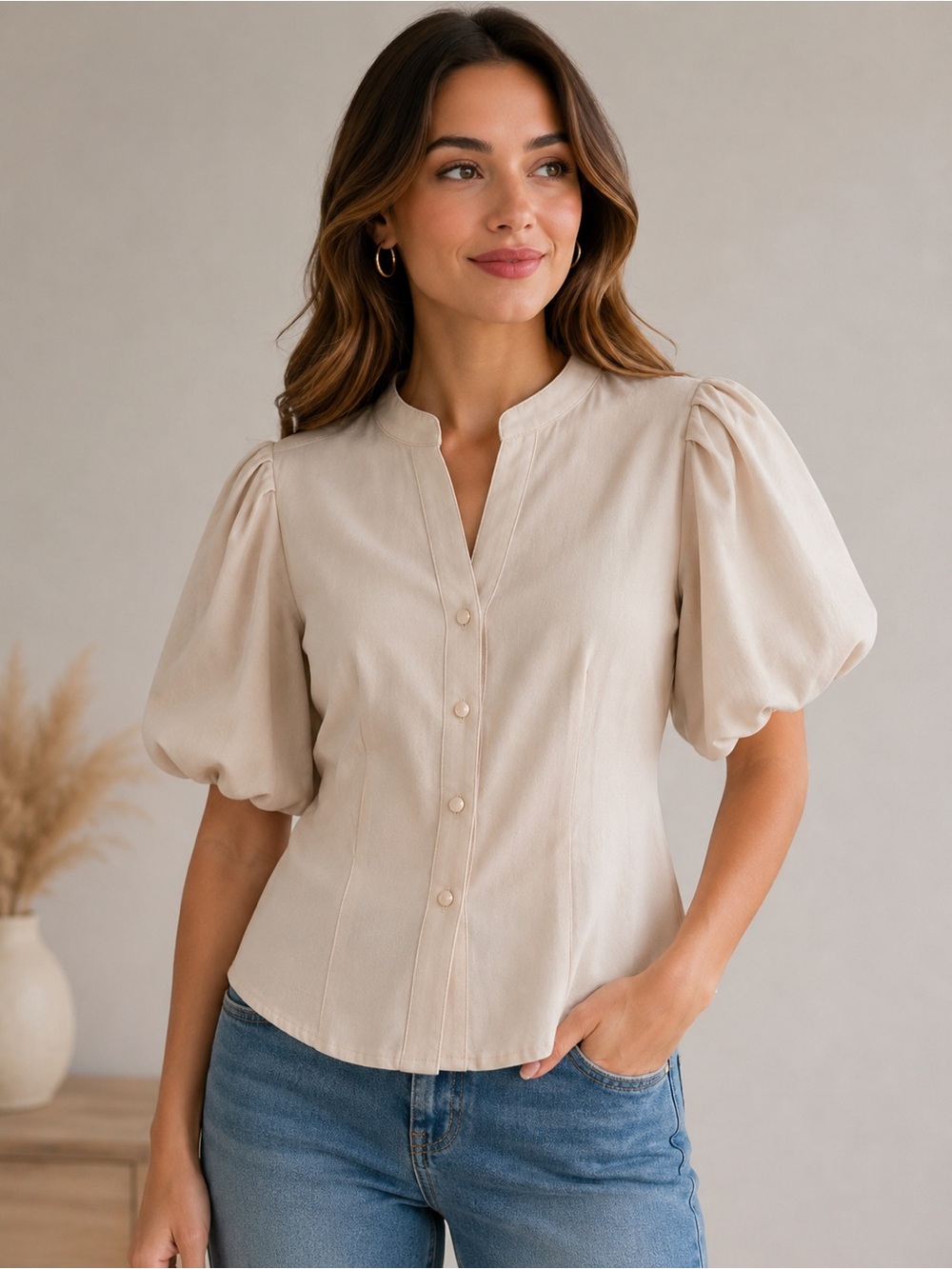 Women's Puff Sleeve Sueded Button-Front Top in Beige